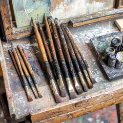 Used art brushes on a cluttered artist's table