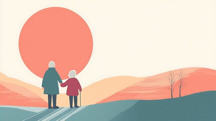 Elderly couple holding hands, enjoying a scenic sunset view over the hills