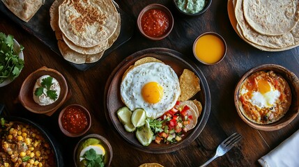 Traditional mexican breakfast with huevos rancheros, tortillas, salsa, and guacamole, celebrating cinco de mayo and mexican culture.