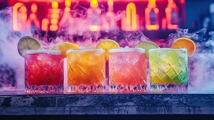 Vibrant cocktail selection with citrus garnishes and smoke in a neon bar.