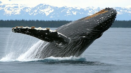 Fototapeta premium Humpback whale leaping out of water near mountains in an ocean