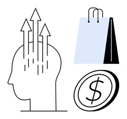 Human head with upward arrows for personal growth, shopping bag for consumer habits, currency coin for economics. Ideal for mindset, shopping trends, economy, success, innovation, decision-making