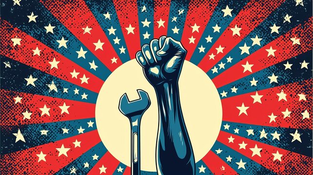 Happy Labor Day Symbolic image of workers' strength and unity.