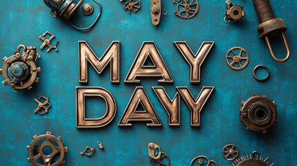 Happy Labor Day Vintage steampunk gears and May Day lettering.