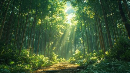 Obraz premium Sunbeams illuminate a path through a lush green forest.