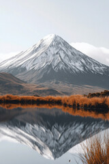 A majestic snow-capped mountain reflected in a calm lake, surrounded by golden grassland under a clear blue sky.