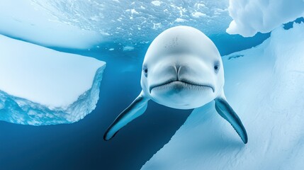 Beluga Whale Swimming in the Arctic Waters Beneath Ice Formations
