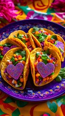 Fototapeta premium Plate of tacos shaped into hearts, filled with bright veggies and sprinkled with edible glitter, served on a funky tablecloth, vibrant and funny,