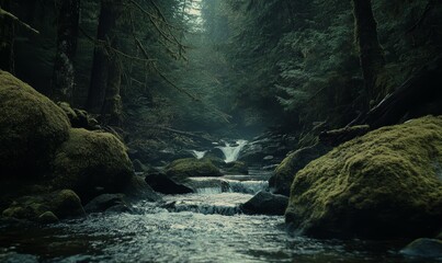 Water flows over moss-covered rocks in a forested river, slow shutter speed, peaceful environment, forest river, serene atmosphere, natural scenery