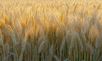 Wheat field in the sunbeams before sunset. Ears of ripe wheat before harvest