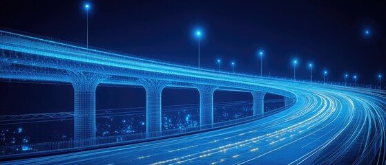 Futuristic Highway at Night: A Digital Wireframe Representation of an Elevated Road System