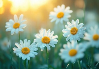 Fototapeta premium Bright and Cheerful Daisies Blooming in a Sunlit Field, Capturing the Essence of Spring and Nature's Beauty in a Soft Focus Background