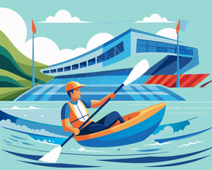 A kayaker navigating through energetic waters with determination, encapsulating the thrill of adventure sports in nature.