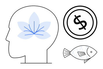 Head outline with flower symbolizing mindfulness, dollar sign represents finance, and fish conveys environmental sustainability. Ideal for wellness, economy, nature, balance, focus, ecology