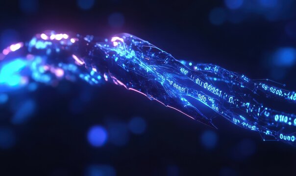 Abstract digital composition of flowing binary code and glowing connections in vibrant blue tones, clean futuristic tech style,