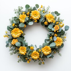 Fototapeta premium Bright and Cheerful Floral Wreath with Yellow Flowers and Green Leaves Ideal for Home Decor and Event Decoration Across Various Seasons