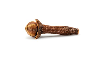 Detailed macro shot of a single aromatic clove on a white background