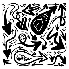 Set of Hand drawn vector arrows doodle on white background.