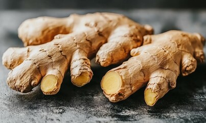 Fototapeta premium Raw Ginger roots close up background /