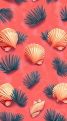 Sea shells and tropical leaves create a beautiful pattern background