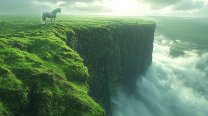 Majestic white horse standing on a lush green cliff overlooking a misty valley at sunrise.