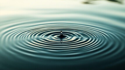 Fototapeta premium Macro photo of a water drop falling on the surface of pond, river, sea calm water leaving circles on water. Harmony and beauty of nature. Clear aqua.
