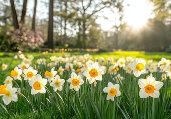 Bright and Lively Daffodil Flowers Blooming in Serene Garden Under Warm Sunlight with Soft Background Bokeh Creating a Peaceful Atmosphere