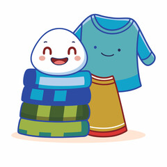 Cheerful cartoon character with folded clothes home setting digital illustration whimsical playful design