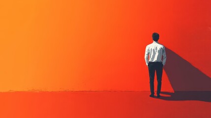 A solitary figure stands contemplatively facing a vibrant orange wall, casting a stark shadow, evoking a sense of introspection and artistic minimalism.