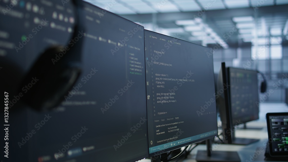 Poster computers and tablet in server room used for developing disaster recovery plans ensuring minimal dow
