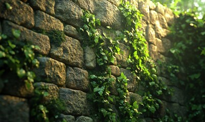 Fototapeta premium Close-up of a rustic stone wall covered in lush green moss, with intricate textures and earthy tones highlighted by soft natural light, .