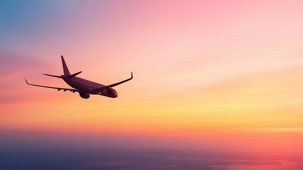 Obraz premium A large jetliner flies through a vibrant sky, over water and with a stunning sunset in the background