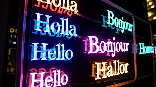 Colorful neon signs display greetings in multiple languages at night market