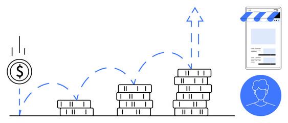 Coins stack progressively taller, symbolizing revenue growth. Dollar sign, digital storefront, profile icon suggest e-commerce, finance, and customer engagement. Ideal for business, economy