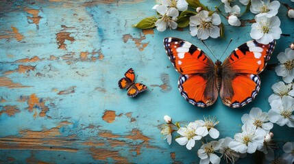 Spring blooms, butterfly, rustic wood