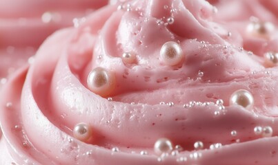 Swirled pink frosting decorated with white pearls and sugar sprinkles.