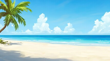 Fototapeta premium A stunning beach painting featuring a prominent palm tree in the foreground and a captivating blue ocean in the background