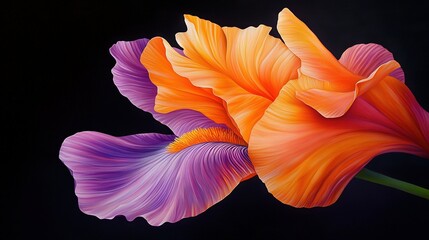 Fototapeta premium Two orange and purple flowers on a black background with a green stem in the center