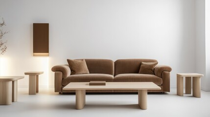 A minimalist living room with a plush brown sofa, light wooden coffee table, and matching side tables