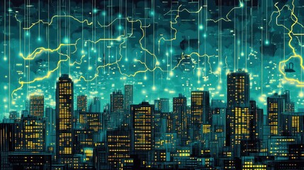 Obraz premium A futuristic urban cityscape with data connections and digital lightning