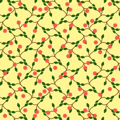 Elegant leaf and vine pattern with pink flowers on a warm yellow background. Ideal for fabrics, wallpapers, and botanical decorative themes.