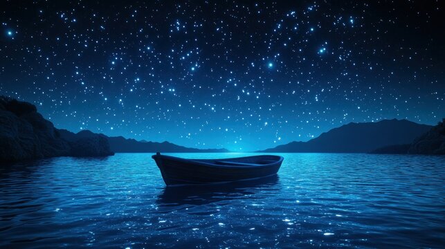 Starry night boat on tranquil lake - Powered by Adobe