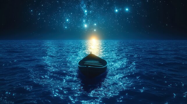 Starry night, solitary boat on dark ocean