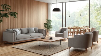 Fototapeta premium A minimalist modern living room with soft wood flooring and large windows, featuring a comfortable grey sofa set