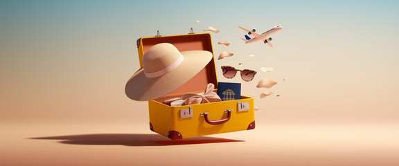 Open yellow suitcase with straw hat, sunglasses, and passport, airplane flying above, symbolizing travel and vacation planning, showcasing summer travel essentials