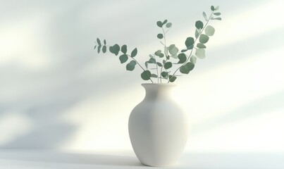 Elegant minimalist vase with fresh eucalyptus branches, illuminated by soft natural light against a clean white background .