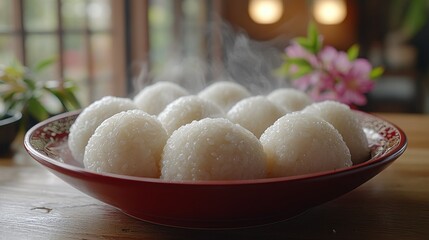 Fototapeta premium Steaming rice balls in a bowl