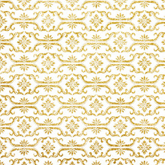 Gold glitter damask pattern on white background. Seamless luxurious ornamental design ideal for invitations, holiday decor, and upscale packaging.