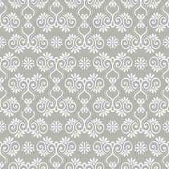 White floral damask pattern on grey background. Seamless sophisticated wallpaper-style design perfect for home decor, textiles, and elegant crafts.