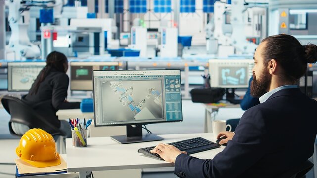 Photovoltaics factory worker drinks coffee, monitoring performance of robot arms placing solar panels on assembly lines. Man enjoys beverage at computer desk, inspecting solar plant machines, camera A